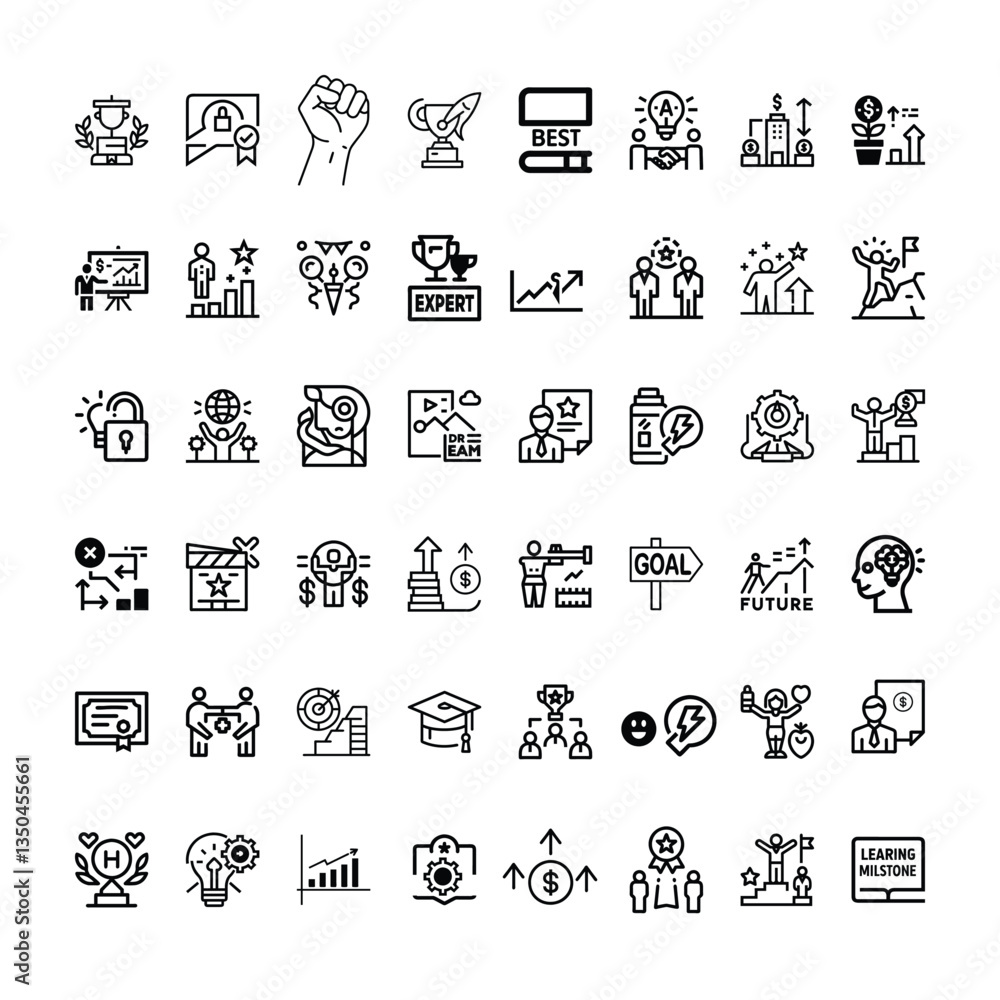 Poster a bundle of success related icons set with various symbols and elements in a doodle style