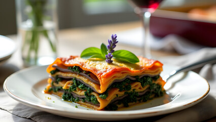 Eggplant and spinach lasagna, served in a ceramic dish. A linen tablecloth, lavender, and red wine create a rich and elegant spring dining experience.