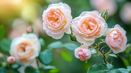Beautiful blooming rose flowers with soft colors and green leaves