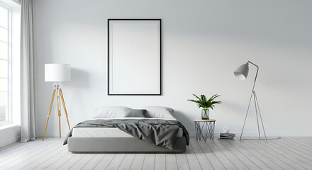 Frame mockup, ISO A paper size. Bedroom wall poster mockup. Interior mockup with house background. Modern interior design. 3D render 