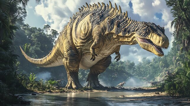 Massive Chasmosaurus standing near shallow river enormous frill decorated intricate patterns tranquil prehistoric landscape is alive with the calls of distant dinosaurs and the soft trickle of water