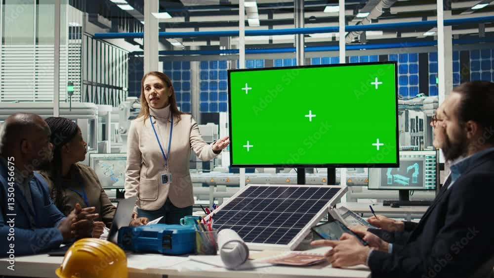 Poster factory engineers look over assembly lines schematics during business meeting in front of green scre