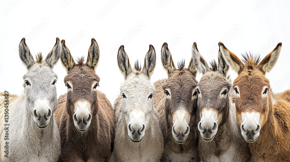 Poster group of donkeys with unique expressions against white background