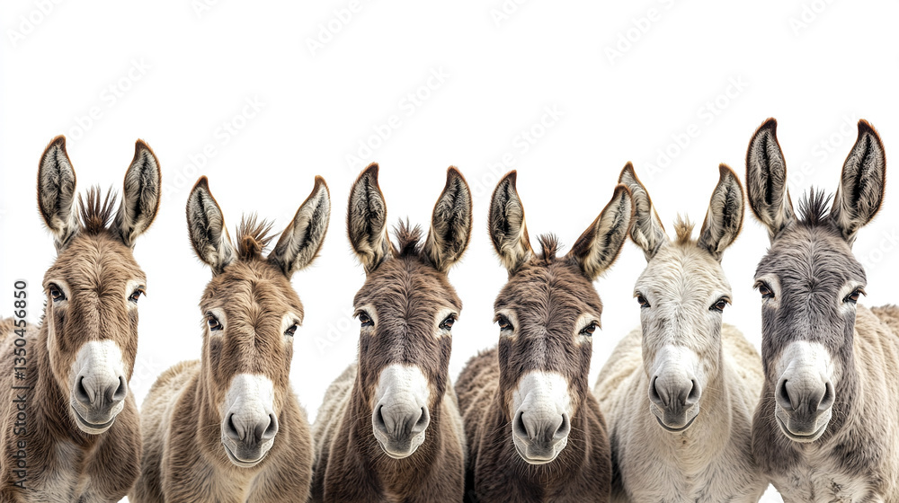 Poster group of donkeys with unique expressions on white background