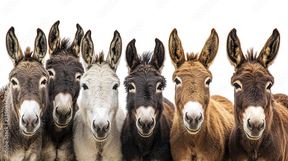 Poster group of donkeys with unique expressions on white background