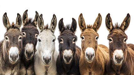 Fototapeta premium group of donkeys with unique expressions on white background