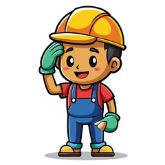 Cute cartoon worker in overalls and hardhat