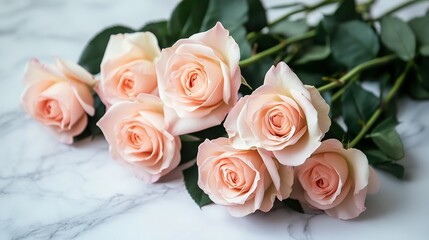Obraz premium A Bouquet of Soft Pink Roses Resting on Marble Surface
