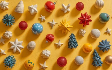 Festive holiday background with a variety of colorful ornaments scattered on a bright yellow surface