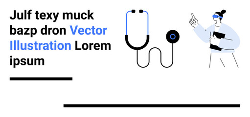 Stethoscope in center, professional gestures with clipboard, abstract text and geometric elements. Ideal for healthcare, professionalism, technology, education, innovation, branding simple landing