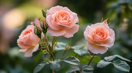 Beautiful peach roses with buds are growing in a garden