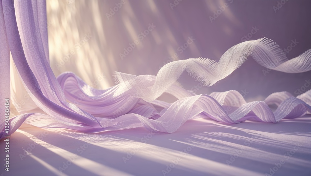 Aufkleber soft lavender fabric elegantly drapes in warm light creating a serene atmosphere in a minimalist set