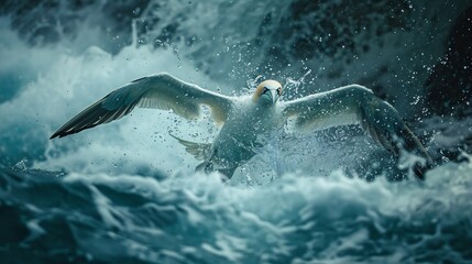 Northern gannet diving into ocean wings folded back water droplets suspended midair deep blue waves crashing below professional wildlife action shot