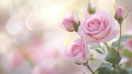 Beautiful pink roses bloom gently with their fresh green stems