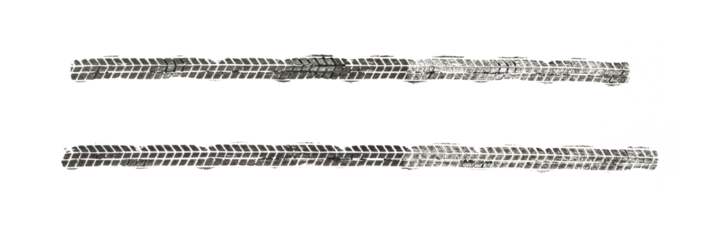 black traces of tractor tires on white background.