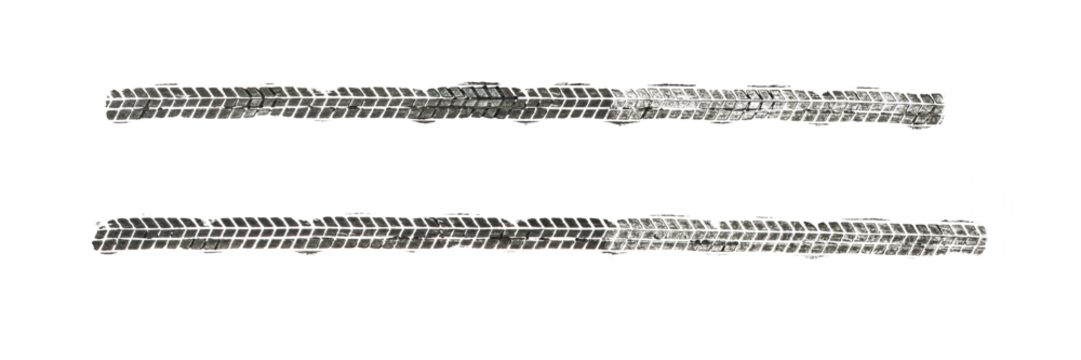 black traces of tractor tires on white background.