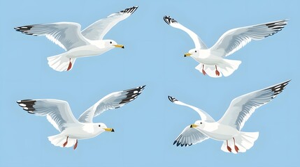 Obraz premium Professional Set of White Gull Cartoons Flying in Atlantic Sea Sky Scene
