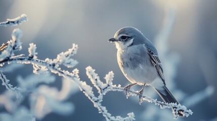 Northern shrike perched a frosty winter branch sleek grey and black plumage blending with snow perfect nature framing high resolution crisp details