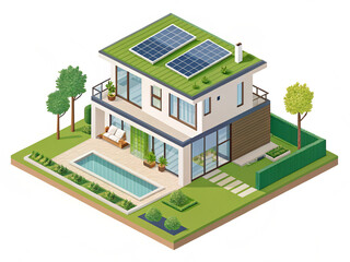 house with solar panels. isometric, house, building, city, vector, home, architecture, icon, urban, construction, illustration, street, design, estate, residential, tree, 3d, real, business, exterior,