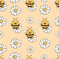 Seamless pattern with cute cartoon bees and white daisies on a soft pastel background. Perfect for kids designs, fabrics, wrapping paper, spring decor and greeting cards
