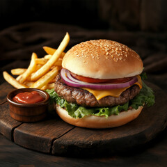 Gourmet Cheeseburger with Fries on Wooden Plate
