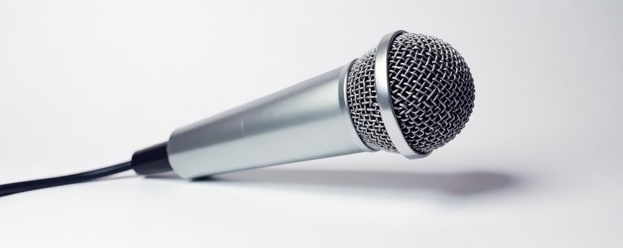 Close-up of a dynamic microphone on white backdrop , object, technology