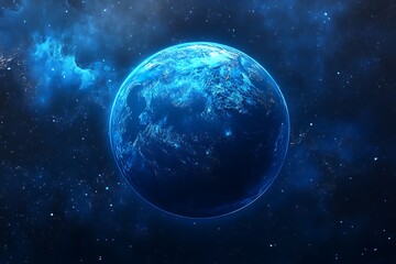 Obraz premium Stunning Blue Planet in a Deep Space Nebula A Celestial Vista of a Glowing Earthlike World
