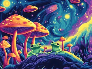 Two Frogs Sitting on Log Amidst Colorful Mushroom Forest Night Scene
