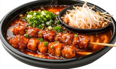 Savor the Heat Spicy Skewered Meatballs with Crunchy Bean Sprouts in a Rich Broth - A Culinary Delight in a Sleek Black Bowl
