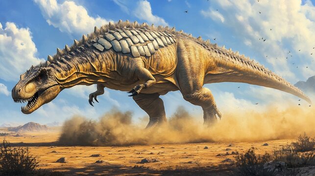 Massive Saltasaurus lumbering through an open plain its armored back glinting under the midday sun Dust swirls around its enormous feet as it moves steadily across the landscape