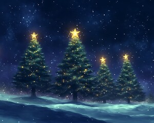 Obraz premium Snowy Night for Starlit Christmas Trees.