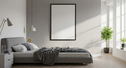 Frame mockup, ISO A paper size. Bedroom wall poster mockup. Interior mockup with house background. Modern interior design. 3D render 