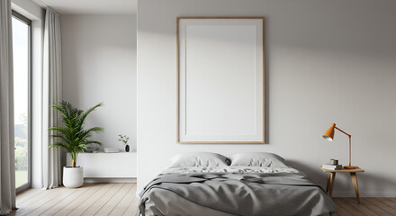 Frame mockup, ISO A paper size. Bedroom wall poster mockup. Interior mockup with house background. Modern interior design. 3D render 