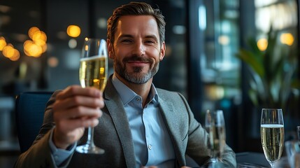 Ceo celebrating company success champagne toast boardroom setting confident expression celebratory atmosphere