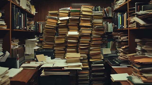 Overwhelmed Office Workspace with Stacked Books and Papers