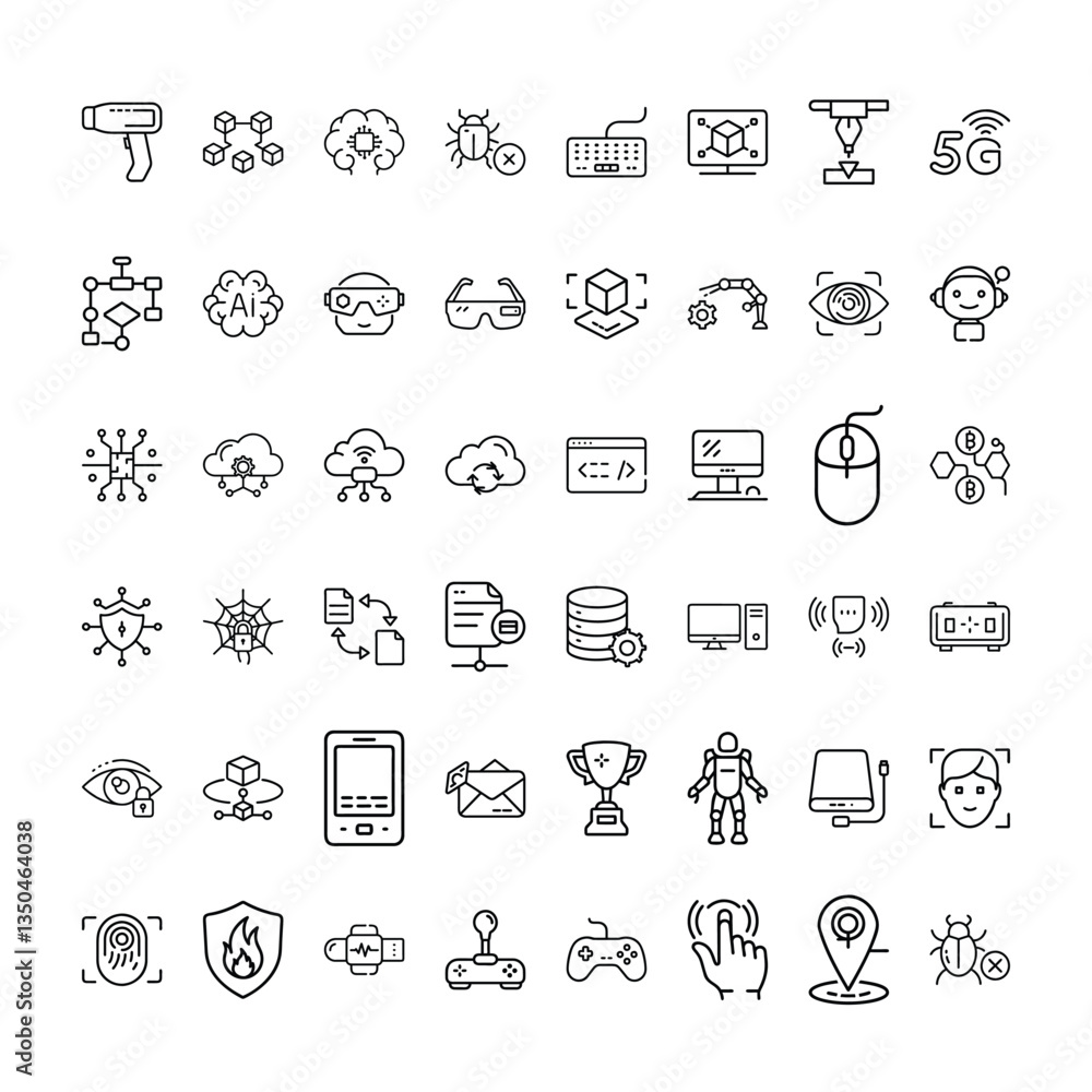 Poster a bundle of technology related icons set with various symbols and elements in a doodle style