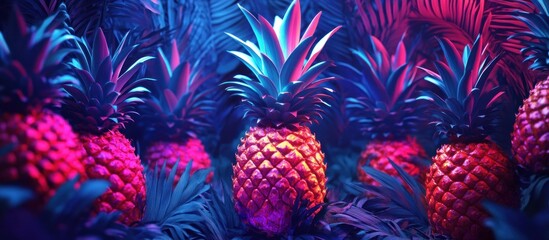 Mesmerizing neon lit tropical landscape featuring an array of lush colorful pineapples set against a backdrop of vibrant fantastical foliage in a bold contemporary digital art design