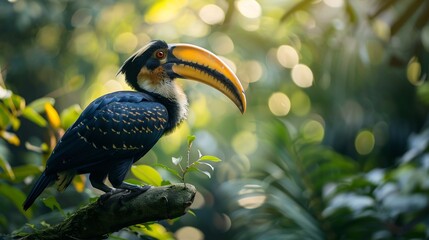 Obraz premium Oriental pied hornbill perched a twisted jungle tree large curved beak highlighted against dense green foliage soft natural lighting lifelike details