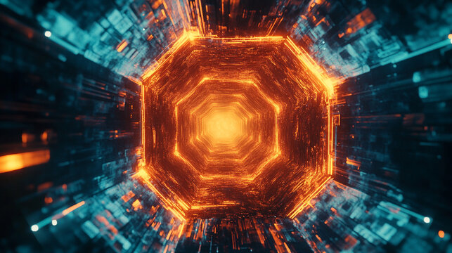 Abstract view of a glowing hexagonal tunnel with vibrant orange and blue lights, creating a futuristic atmosphere