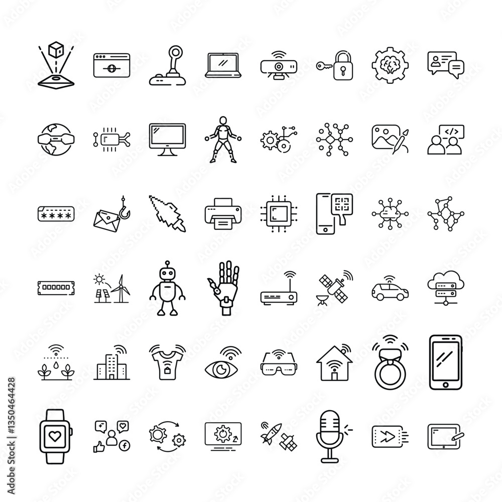 Poster a bundle of technology related icons set with various symbols and elements in a doodle style