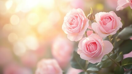 Beautiful pink roses bloom gracefully in the soft sunlight and bokeh