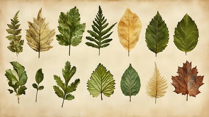 Dried leaves collection on aged paper