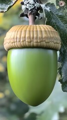 Close-up of a Vibrant Green Acorn Hanging from an Oak Tree Branch