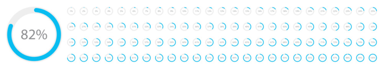 Set of blue color infographic pie charts, segment of circle icons 0% - 100%, simple flat design loading data interface elements app button ui ux web, vector isolated on white background