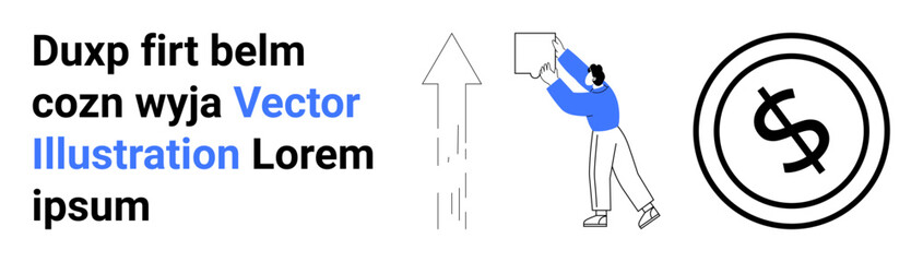 Man raising box towards upward arrow, symbols of growth, finance, and success. Ideal for business growth, finance concepts, goal achievement, leadership, motivation investments abstract line flat