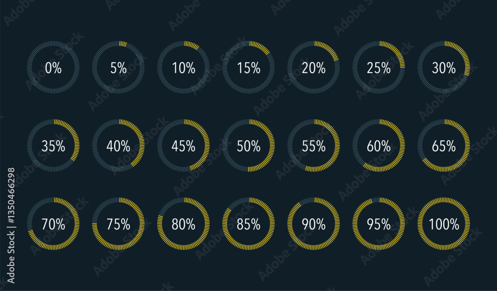 Fototapete set of round yellow infographic pie charts, segment of circle icons 0% - 100%, simple flat design lo