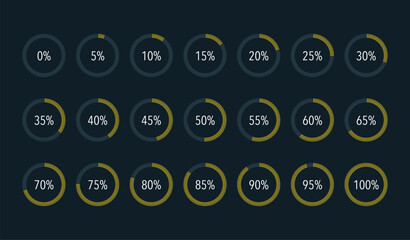 Set of round yellow infographic pie charts, segment of circle icons 0% - 100%, simple flat design loading data interface elements app button ui ux web, vector isolated on dark background
