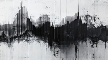 Abstract black and white soundwave pattern with textured layers creating a dynamic visual effect