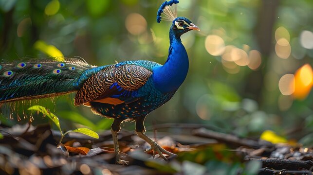 Palawan peacock pheasant walking through dense rainforest floor dazzling blue and green feather patterns illuminated by dappled sunlight hyper realistic detail