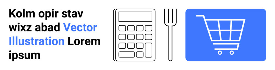 Calculator, fork, and shopping cart icon in a conceptual layout about budgeting, finance, shopping, dining, consumer choices, cost analysis and food purchasing. Ideal for simple landing page